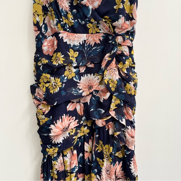 Lulus Stunning Soiree Navy Blue Floral Print Ruched Midi Dress Ruffles Medium - Picture 10 of 16